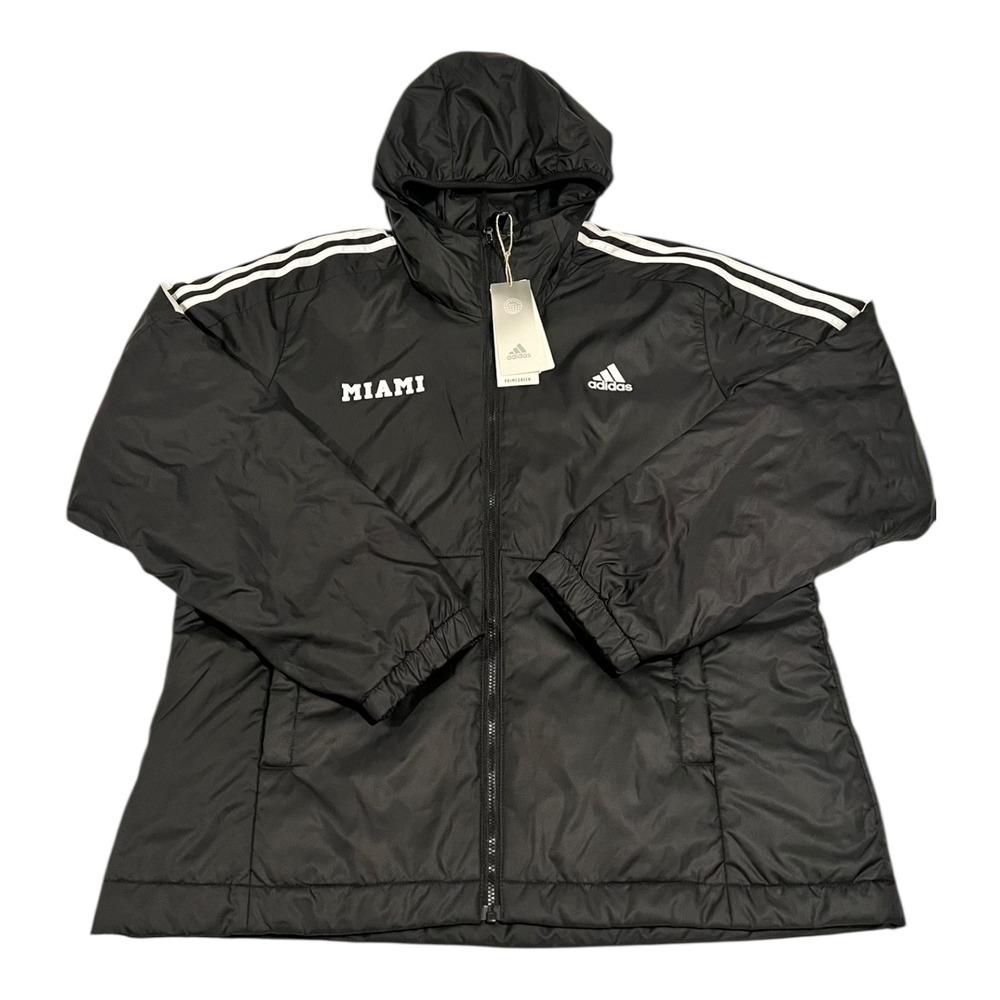 NWT Adidas Miami Men's L Black Full-Zip‎ Hooded Jacket White Stripes Logo